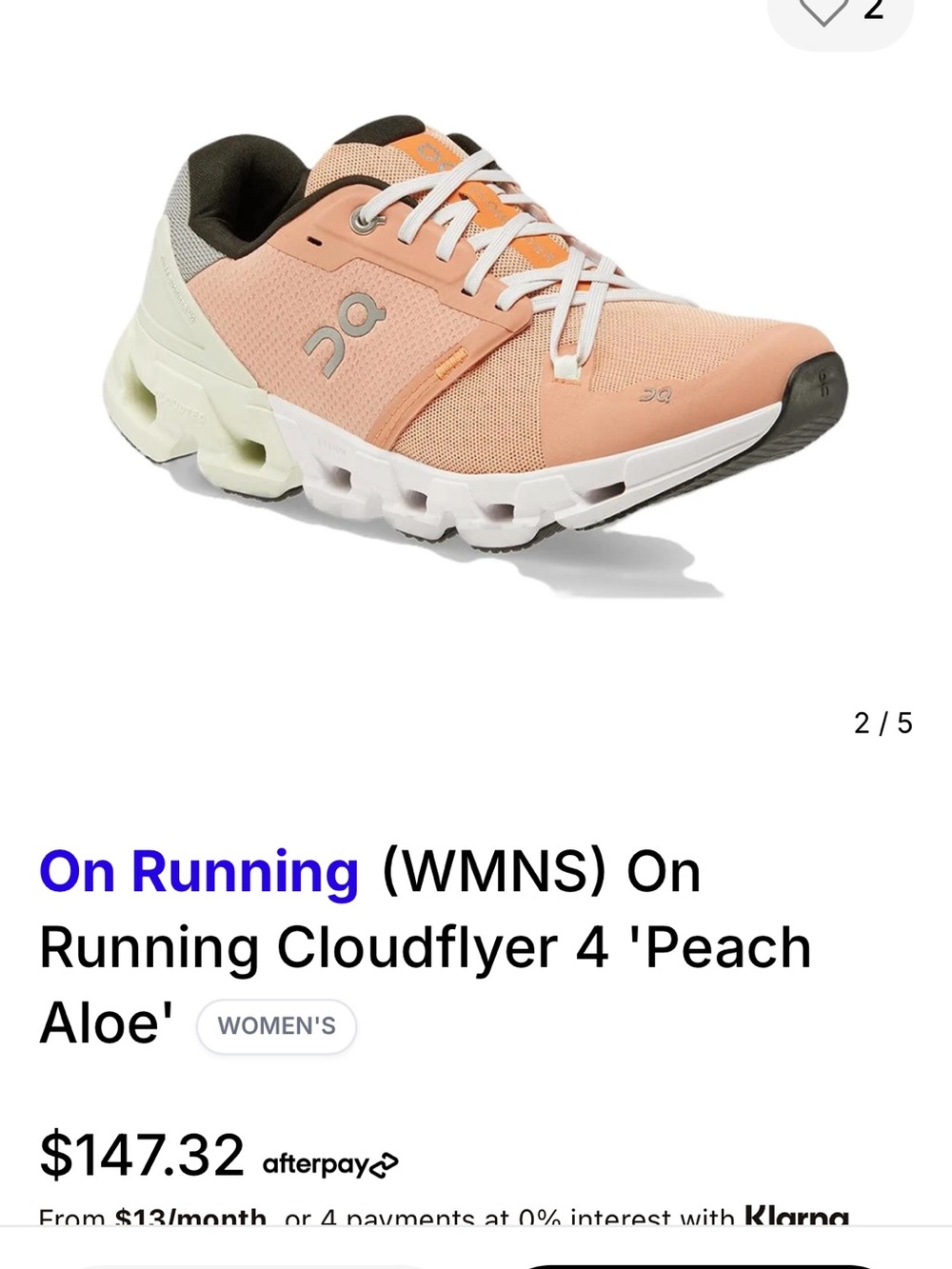 On Running Women's Cloudflyer 4 Peach Aloe/White Athletic Shoe
